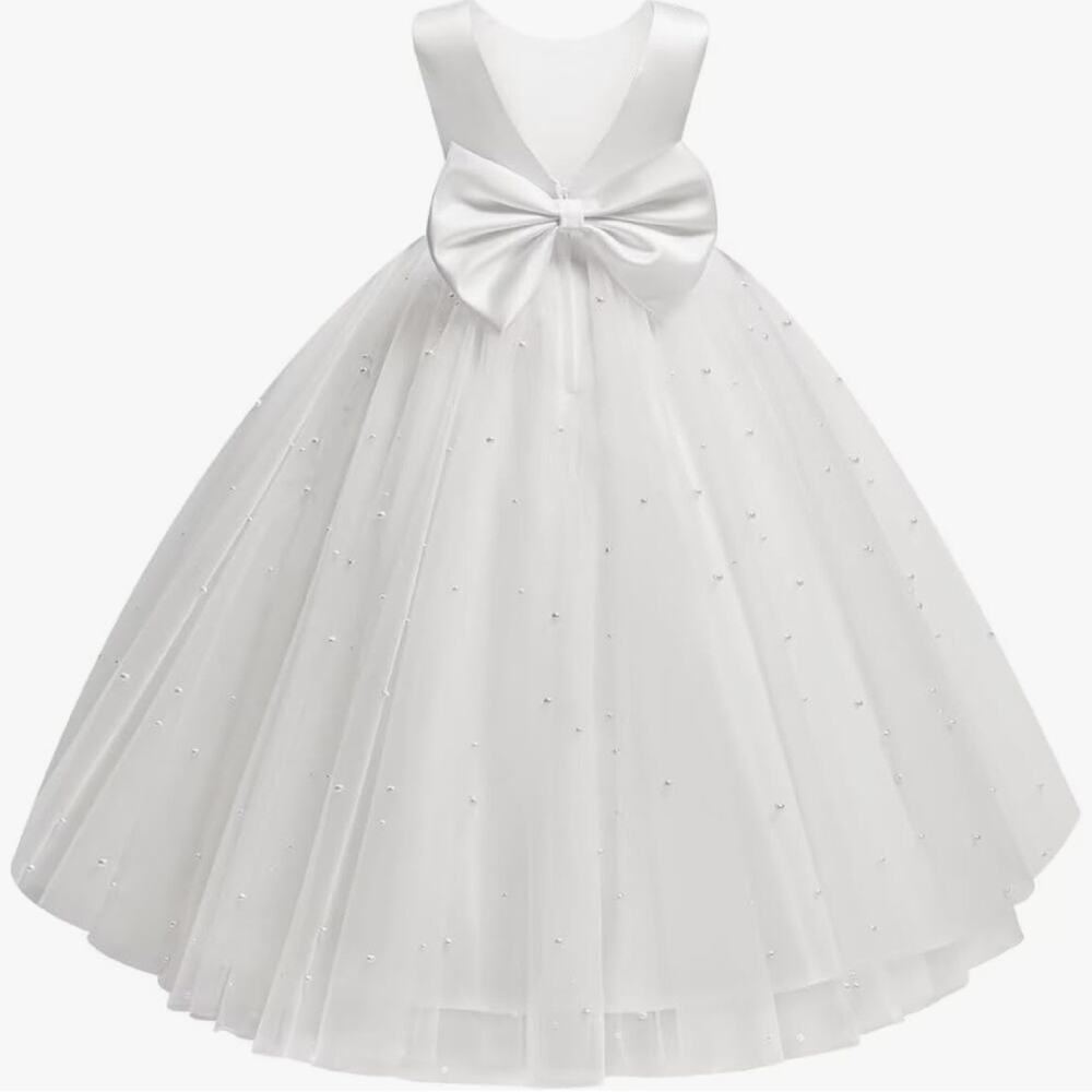 Flower Girl Dress, White Pearls Puffy Tulle Party Dress, Size 8, with Bow-Knot